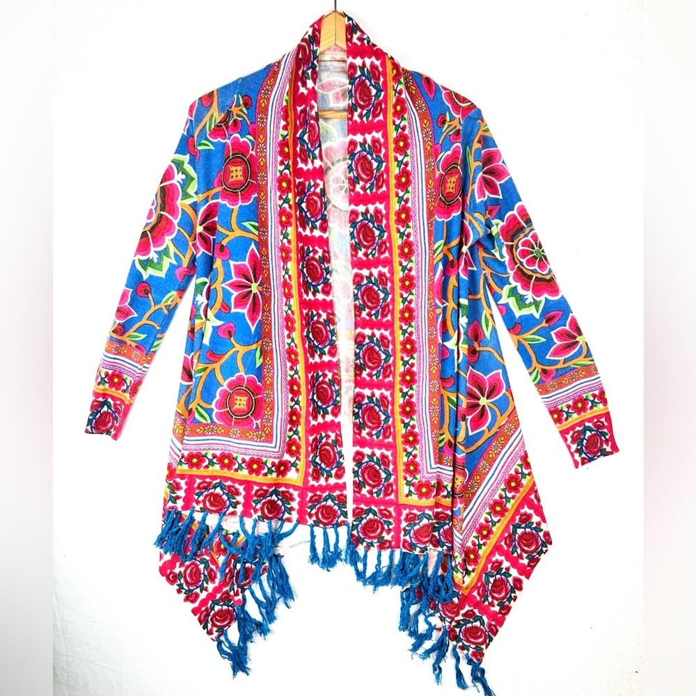 SoHo‎ Chick Open Front Floral Cardigan Fringe Boho